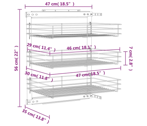 vidaXL izvelkami virtuves grozi, 3 līmeņi, sudrabaini, 47x35x56 cm