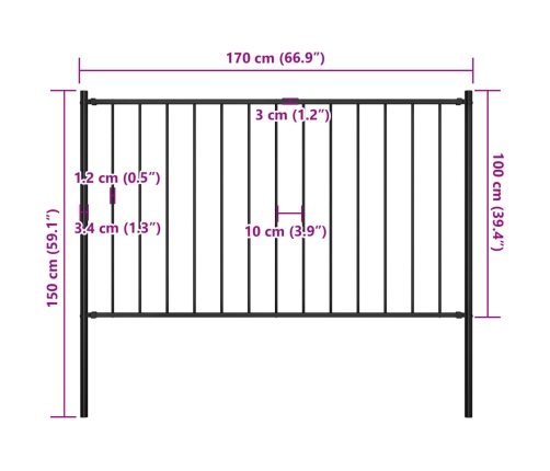 vidaXL žoga panelis ar stabiem, melns, 1,7x1 m, pulverkrāsots tērauds