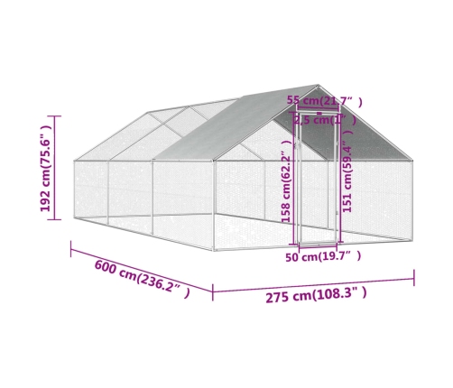 vidaXL vistu būris, 2,75x6x1,92 m, cinkots tērauds