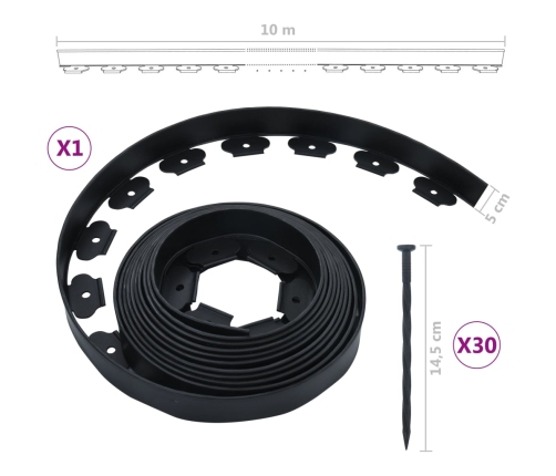 vidaXL zāliena apmale ar 30 mietiņiem, elastīga, 10 m, 5 cm