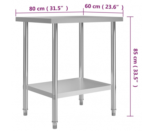 vidaXL virtuves darba galds, 80x60x85 cm, nerūsējošs tērauds