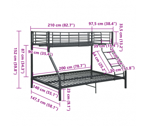 vidaXL divstāvu gultas rāmis, melns, 140x200/90x200 cm, metāls