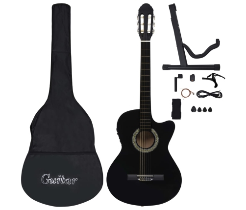 vidaXL 12-daļīgs ģitāras komplekts ar 6 stīgām un ekvalaizeru, melns