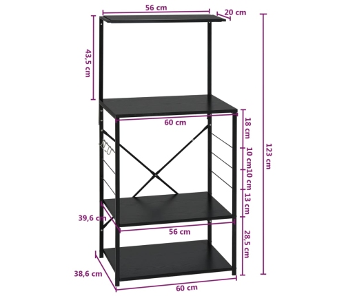 vidaXL virtuves plaukts, melns, 60x39,6x123 cm, inženierijas koks