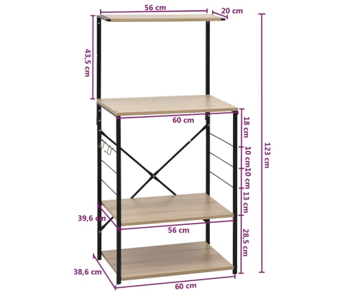 vidaXL virtuves plaukts, melns, ozola, 60x39,6x123 cm, koks