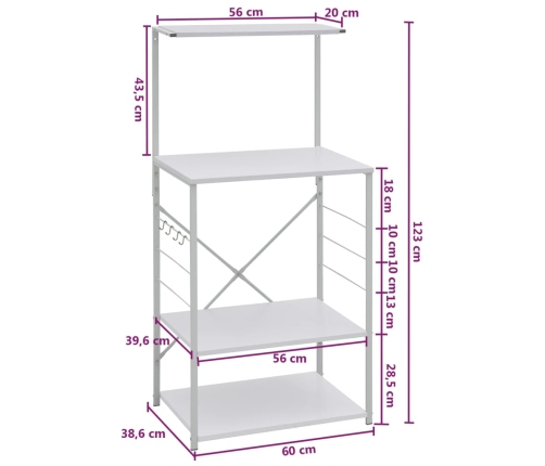 vidaXL virtuves plaukts, balts, 60x39,6x123 cm, inženierijas koks