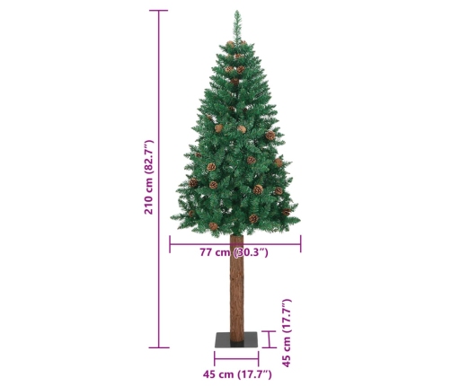 vidaXL Ziemassvētku egle ar dabīgu koku un čiekuriem, zaļa, 210cm, PVC
