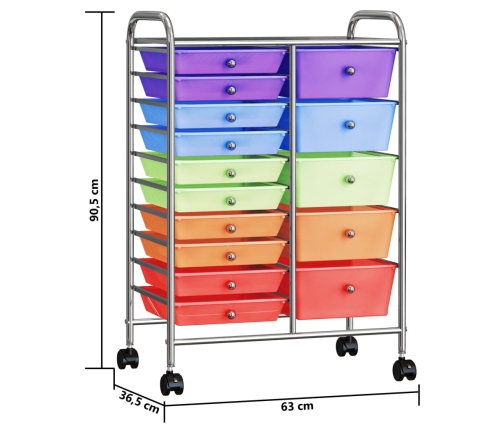 vidaXL XXL uzglabāšanas ratiņi, 15 atvilktnes, krāsaina plastmasa