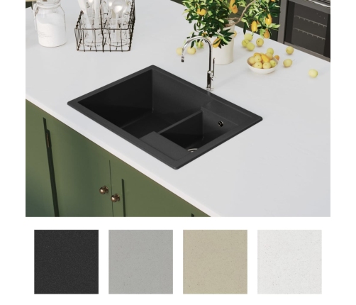 vidaXL virtuves izlietne ar noteci, 2 bļodas, melns granīts