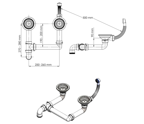 vidaXL virtuves izlietne ar noteci, 2 bļodas, melns granīts