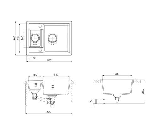 vidaXL virtuves izlietne ar noteci, 2 bļodas, pelēks granīts