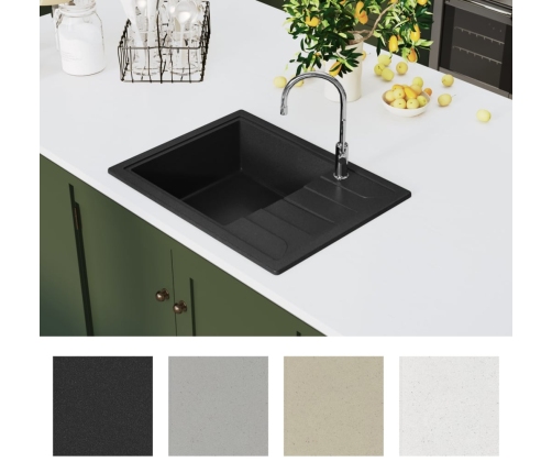 vidaXL virtuves izlietne ar noteci, melns granīts
