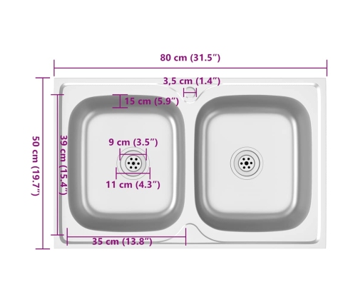 Virtuves Izlietne, 2 Bļodas, 800X500X155 Mm, Nerūsējošs Tērauds Vidaxl