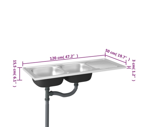 Virtuves Izlietne, 2 Bļodas, 1200X500X155Mm, Nerūsējošs Tērauds Vidaxl