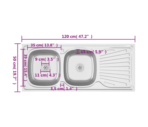 Virtuves Izlietne, 2 Bļodas, 1200X500X155Mm, Nerūsējošs Tērauds Vidaxl