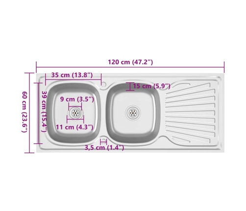 Virtuves Izlietne, 2 Bļodas, 1200X600X155Mm, Nerūsējošs Tērauds Vidaxl