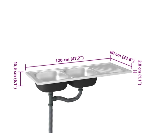 Virtuves Izlietne, 2 Bļodas, 1200X600X155Mm, Nerūsējošs Tērauds Vidaxl
