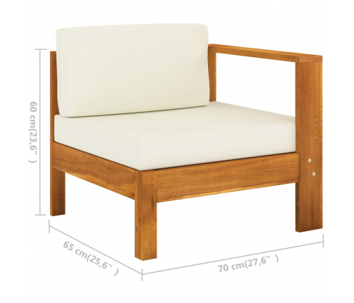 vidaXL vidējais dīvāns ar 1 roku balstu, krēmbalts, akācijas koks