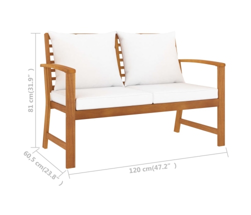vidaXL dārza sols, 120 cm, krēmkrāsas spilveni, akācijas masīvkoks