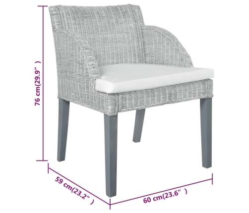 vidaXL virtuves krēsli ar spilveniem, 2 gb., pelēka dabīgā rotangpalma