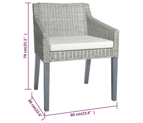 vidaXL virtuves krēsli ar spilveniem, 2 gb., pelēka dabīgā rotangpalma