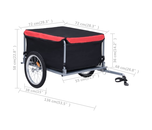 vidaXL velosipēda piekabe, 65 kg, melna ar sarkanu