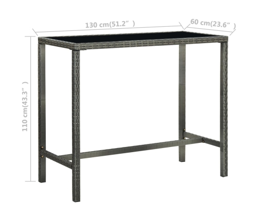vidaXL dārza bāra galds, pelēks, 130x60x110cm, PE rotangpalma, stikls