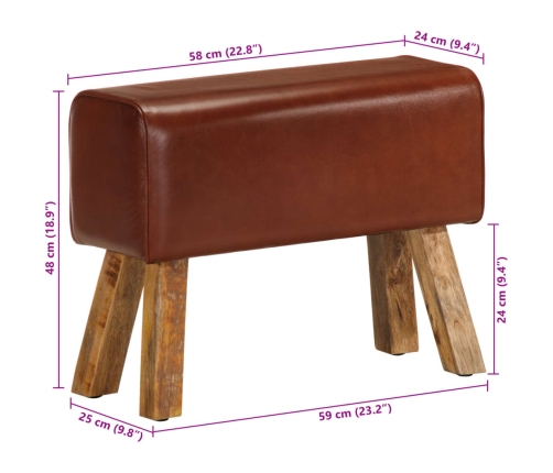 vidaXL vingrošanas buks, 58 cm, brūna dabīgā āda, mango masīvkoks