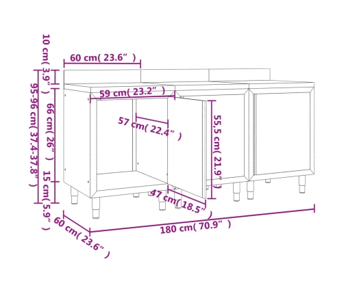 vidaXL virtuves darba galdu/skapīšu komplekts, 180x60x96 cm, tērauds