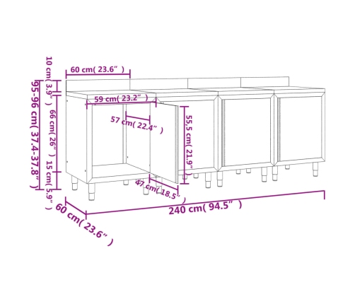 vidaXL virtuves darba galdu/skapīšu komplekts, 240x60x96 cm, tērauds