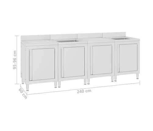 vidaXL virtuves izlietnes skapīši, 240x60x96 cm, nerūsējošs tērauds