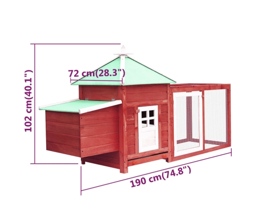 vidaXL vistu būris ar perētavu, sarkans, 190x72x102cm, egles masīvkoks