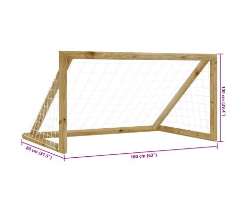 vidaXL futbola vārti ar tīklu, 160x80x100 cm, impregnēts priedes koks
