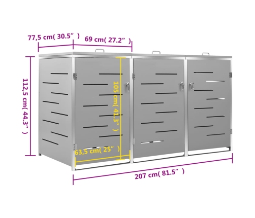 vidaXL 3-daļīga nojume atkritumu tvertnēm, 207x77,5x112,5 cm, tērauds