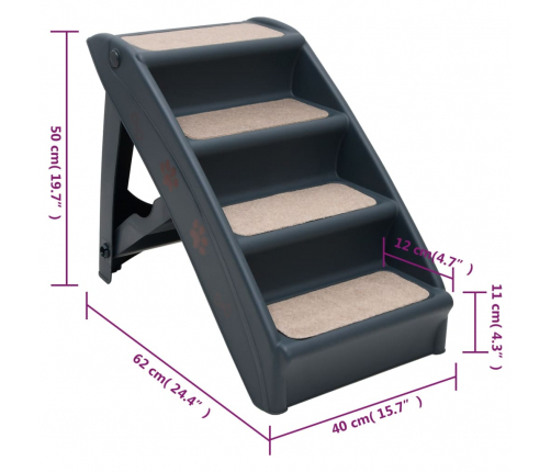 vidaXL 4 pakāpienu suņu kāpnes, saliekamas, tumši pelēkas