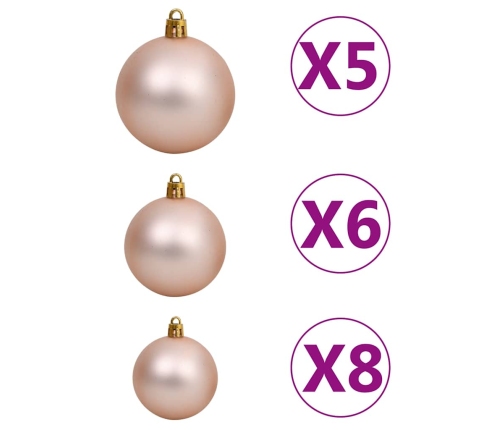 vidaXL Ziemassvētku bumbu komplekts, 61 gab., 150 LED, zeltaini rozā