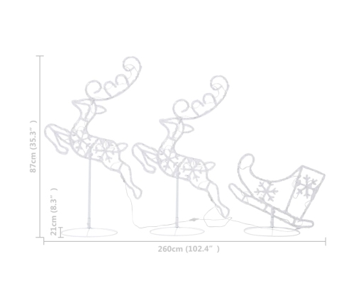 vidaXL Ziemassvētku dekorācija, lidojoši brieži, kamanas, 260x21x87 cm