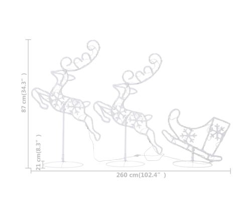 vidaXL Ziemassvētku dekorācija, lidojoši brieži, kamanas, 260x21x87 cm