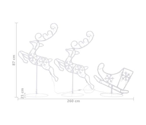 vidaXL Ziemassvētku dekorācija, lidojoši brieži, kamanas, 260x21x87 cm