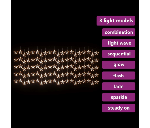 vidaXL LED lampiņu aizkars, 500 LED, silti balts, 8 funkcijas