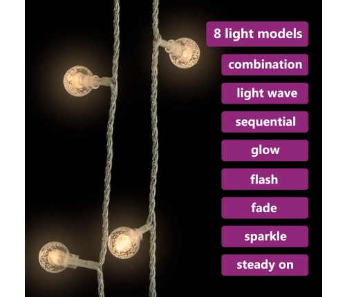 vidaXL LED lampiņu virtene, 20 m, 200 silti baltas LED, 8 funkcijas