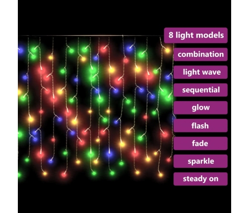 vidaXL LED lampiņu aizkars, 10 m, 400 daudzkrāsainas LED, 8 funkcijas