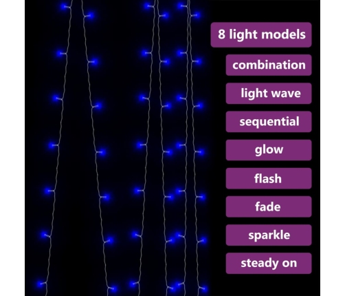 vidaXL LED lampiņu aizkars, 3x3 m, 300 LED, zils, 8 funkcijas