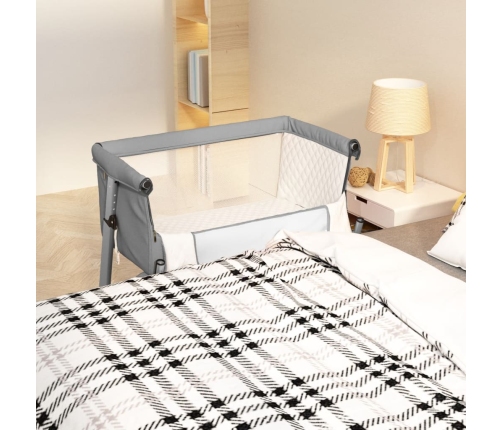 vidaXL bērnu gultiņa ar matraci, gaiši pelēks lina audums