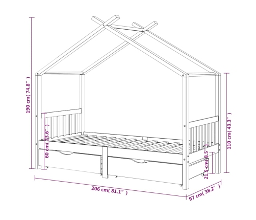 Bērnu Gultas Rāmis Ar Atvilktnēm, Priedes Masīvkoks, 90X200 Cm Vidaxl