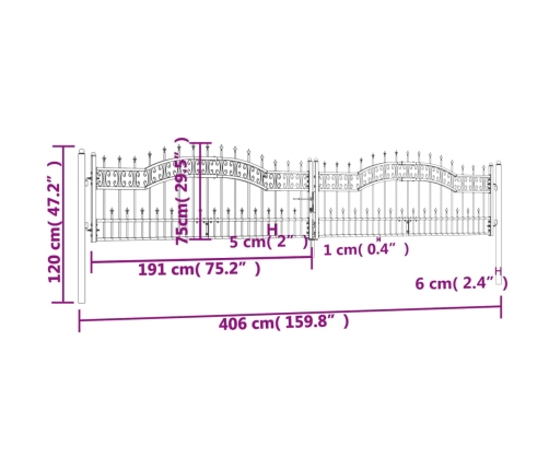 vidaXL dārza vārti ar pīķiem, melni, 406x120 cm, pulverkrāsots tērauds