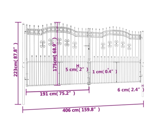 vidaXL dārza vārti ar pīķiem, melni, 406x223 cm, pulverkrāsots tērauds