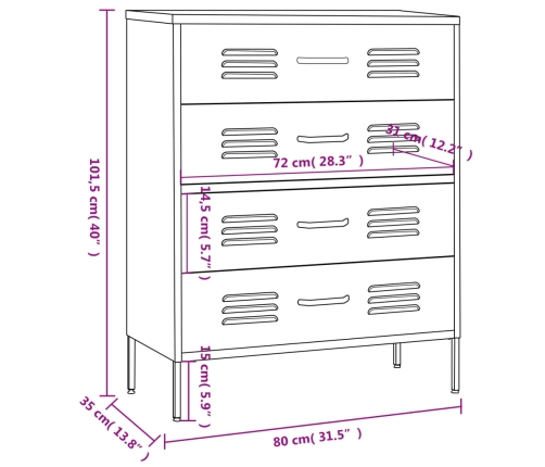 vidaXL skapītis ar atvilktnēm, 80x35x101,5 cm, tērauds, balts