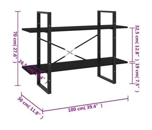 vidaXL 2-līmeņu grāmatu plaukts, melns, 100x30x70cm, inženierijas koks