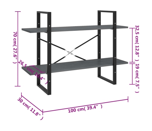 vidaXL 2-līmeņu grāmatu plaukts, pelēks, 100x30x70 cm, priedes koks